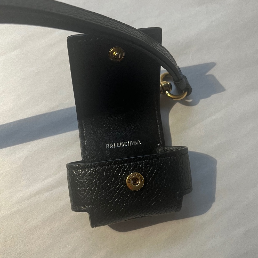 Balenciaga Large EarPods Pro Case Black Logo Leather Holder with Lanyard - Picture 6 of 12